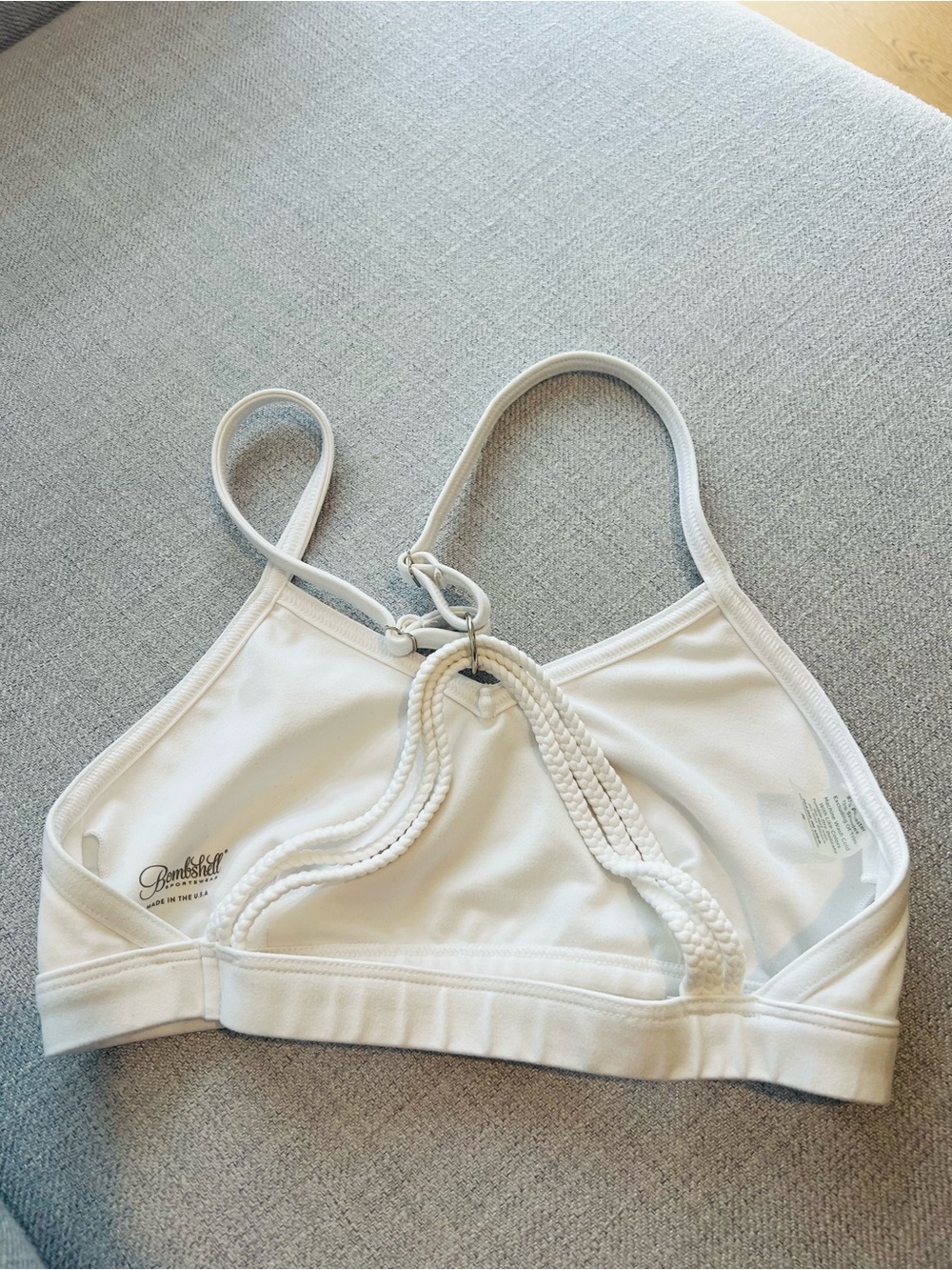 Bombshell Sportswear White Bra Top with Braided Back Straps